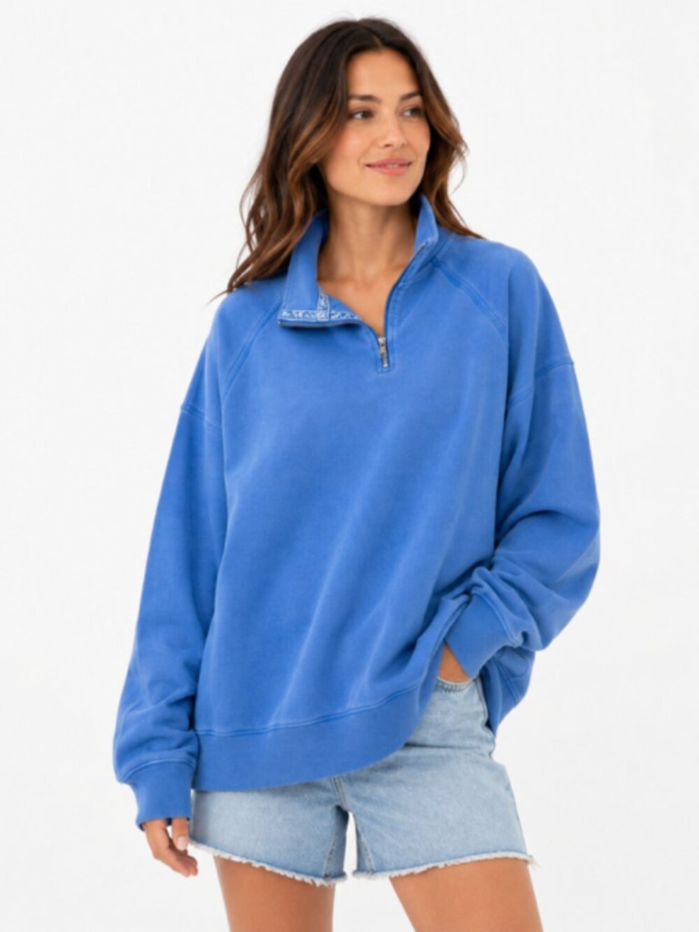 We The Free Free People XL Blue Oversized Quarter Zip Sweatshirt Pullover